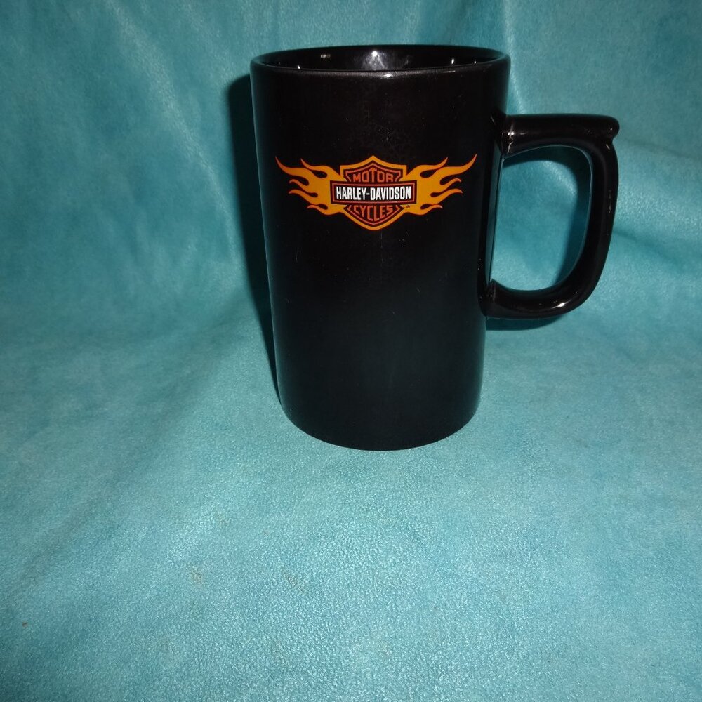 Harley Davidson 16 Ounce Tall Black Mug/Cup orange flames Hallmark~2004
